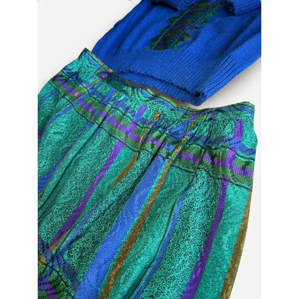 Leslie Fay Women's Sweater & Skirt 12P Vintage Blue Green Knit & Plaid